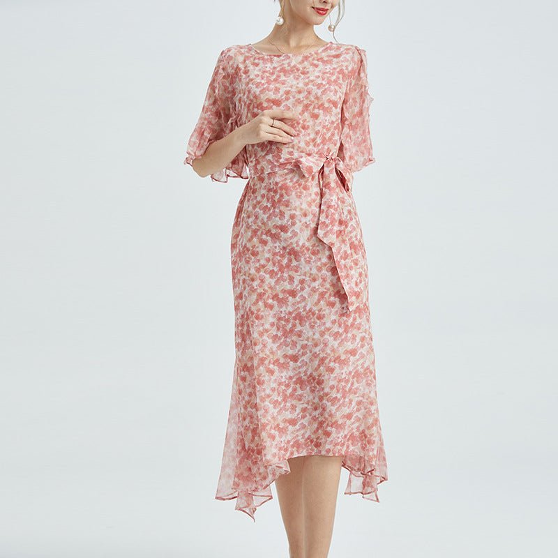 Womens Silk Chiffon Midi Dress Ruffle Sleeves Floral Silk Dress Waist Tie Pink XS