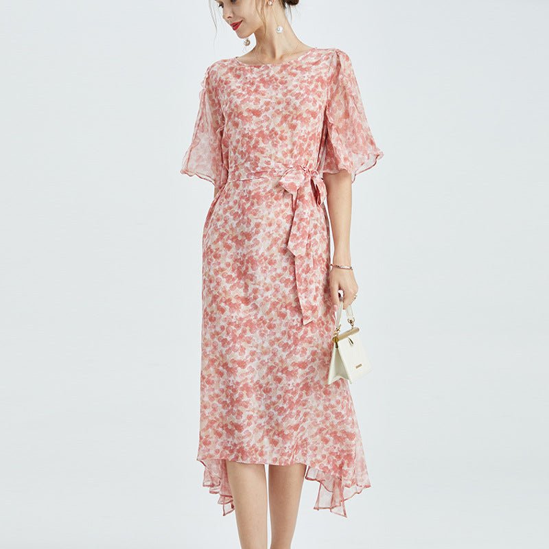 Womens Silk Chiffon Midi Dress Ruffle Sleeves Floral Silk Dress Waist Tie Pink XS