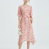 Womens Silk Chiffon Midi Dress Ruffle Sleeves Floral Silk Dress Waist Tie Pink XS