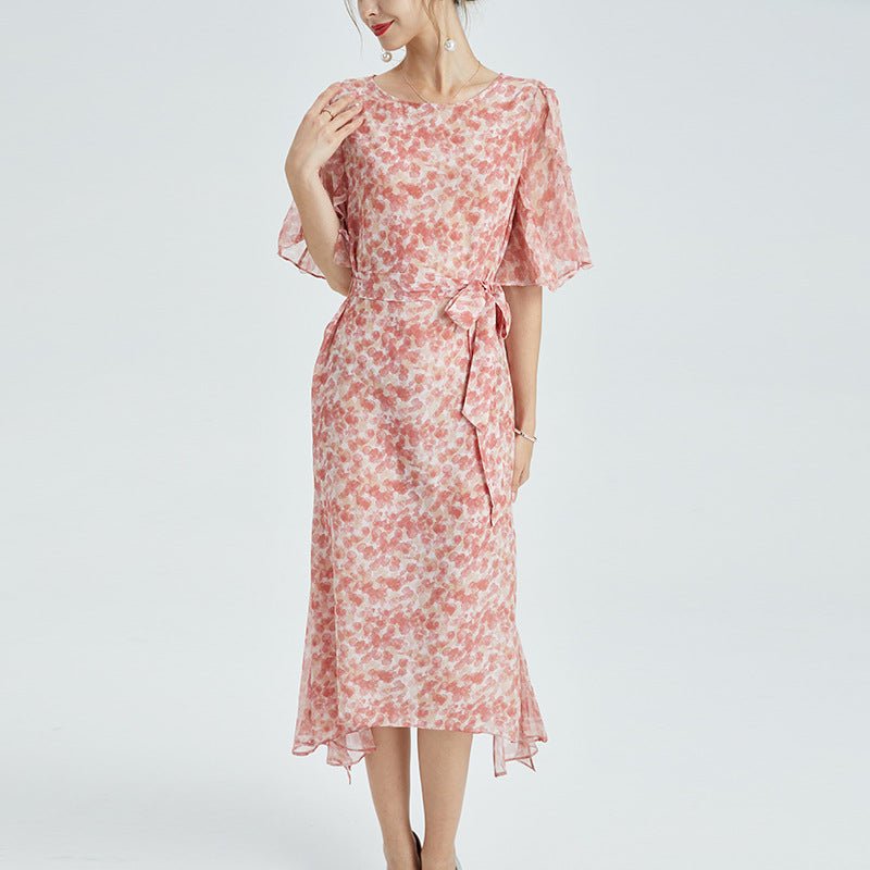 Womens Silk Chiffon Midi Dress Ruffle Sleeves Floral Silk Dress Waist Tie Pink XS