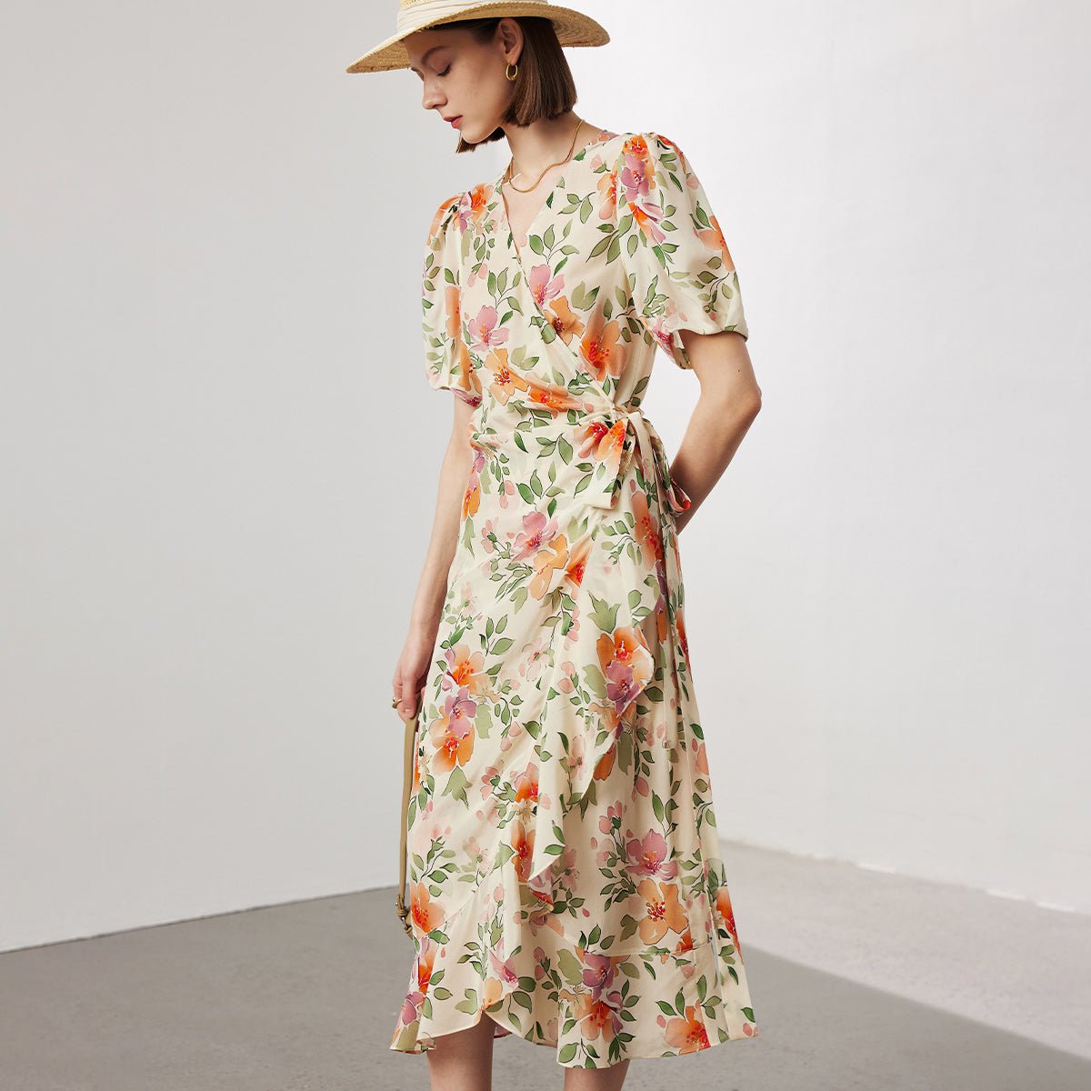 Womens Silk Floral Dress with Puff Sleeve Silk Midi Wrap Dress Spring Summer Beige XS