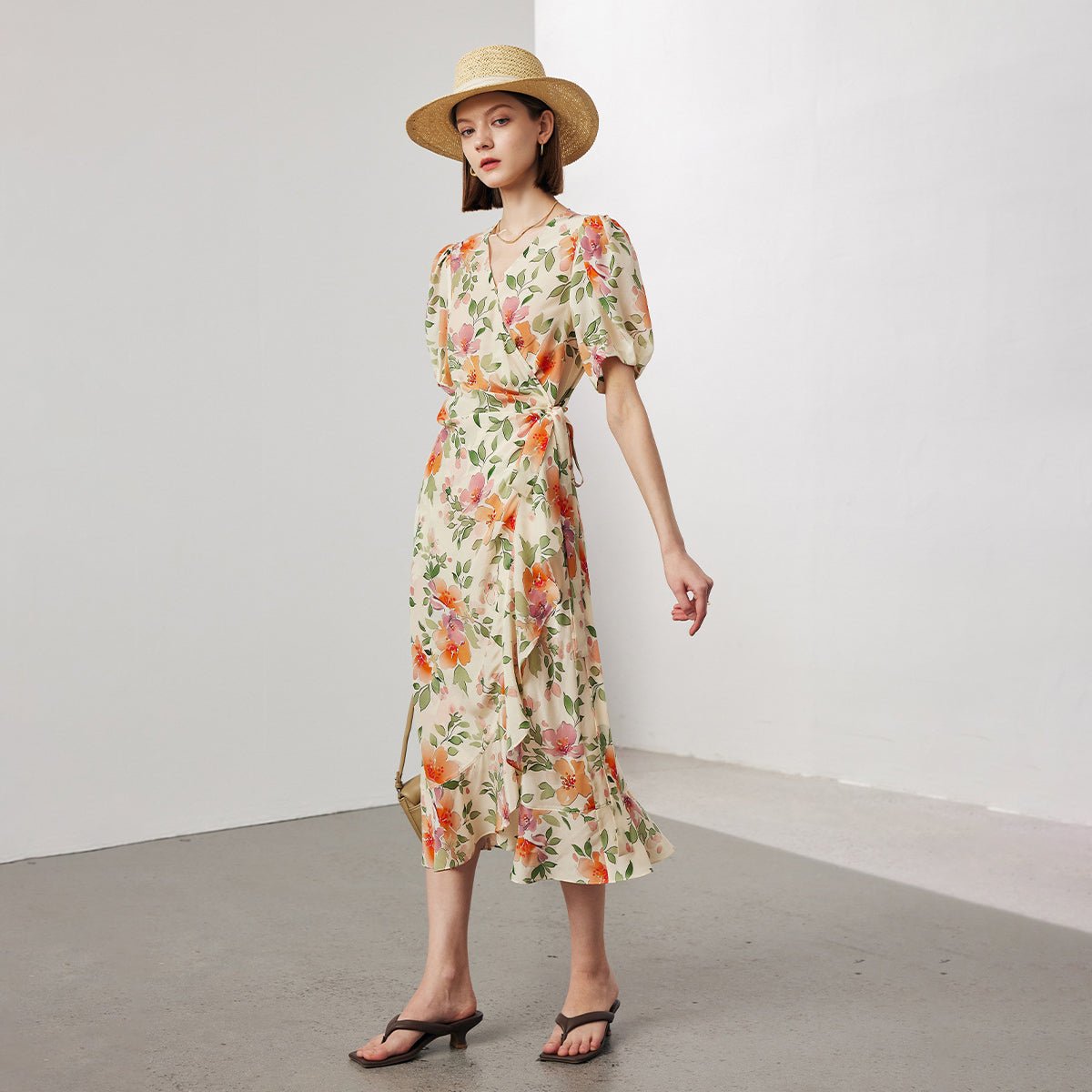 Womens Silk Floral Dress with Puff Sleeve Silk Midi Wrap Dress Spring Summer Beige XS