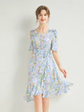 Womens Silk Floral Midi Dress Tie Waist Ruffle Hem Blue Silk Dress