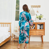 Womens Silk Kimono Peacock and Floral Print Kimono Silk Long Silk Robe