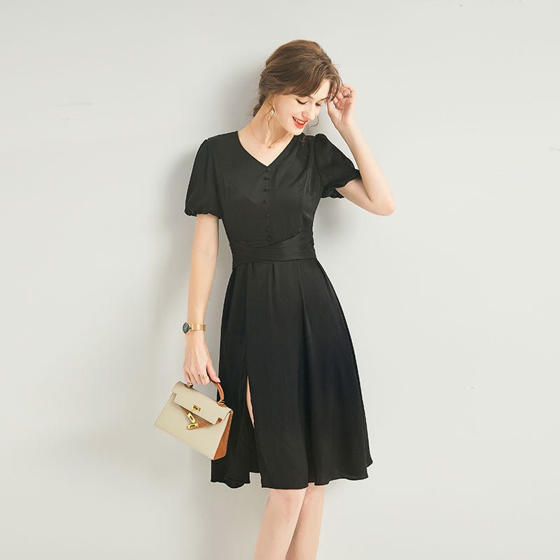 Womens Silk Midi Dress Puff Sleeves Pleated Waist Silk Dresses