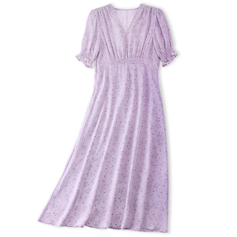 Womens Silk Midi Dress Smocked Waist Ruffled Sleeve Silk Dress