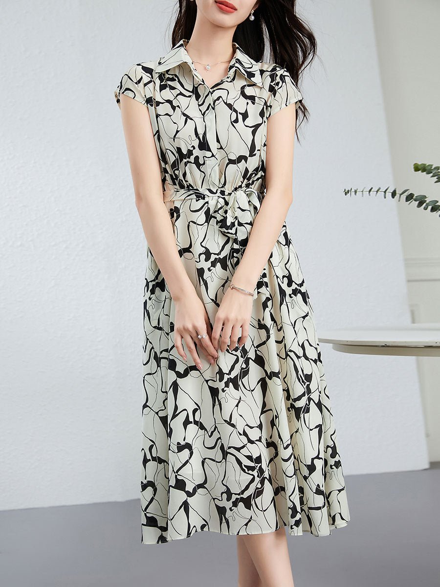 Womens Silk Shirt Midi Dress Abstract Print Waist Tie Silk Dress