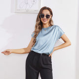 Womens Silk Tops Round Neck Short Sleeves Pure Silk Shirts