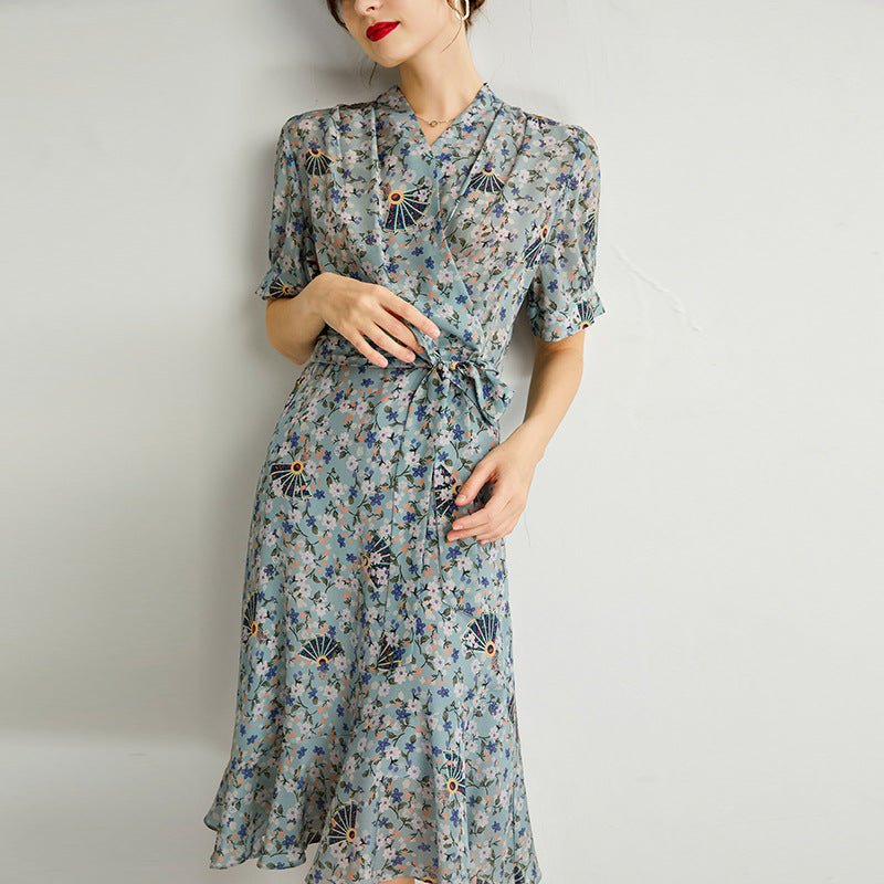 Womens Silk Wrap Midi Dress Fan Motif Ruffled Hem Blue Silk Dress Blue XS