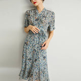 Womens Silk Wrap Midi Dress Fan Motif Ruffled Hem Blue Silk Dress Blue XS