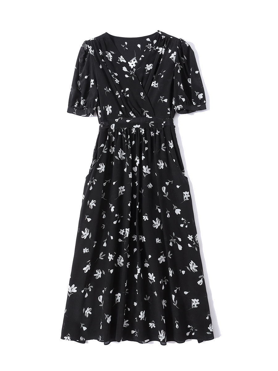 Womens Silk Wrap Midi Dress Puff Sleeve Floral Print Black Silk Dress