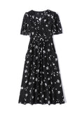 Womens Silk Wrap Midi Dress Puff Sleeve Floral Print Black Silk Dress
