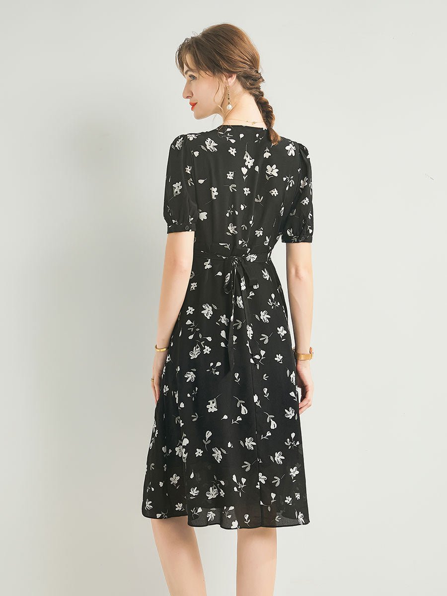 Womens Silk Wrap Midi Dress Puff Sleeve Floral Print Black Silk Dress