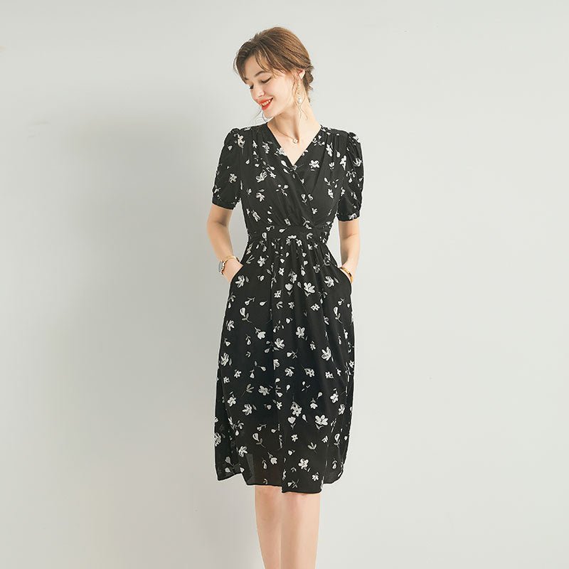 Womens Silk Wrap Midi Dress Puff Sleeve Floral Print Black Silk Dress
