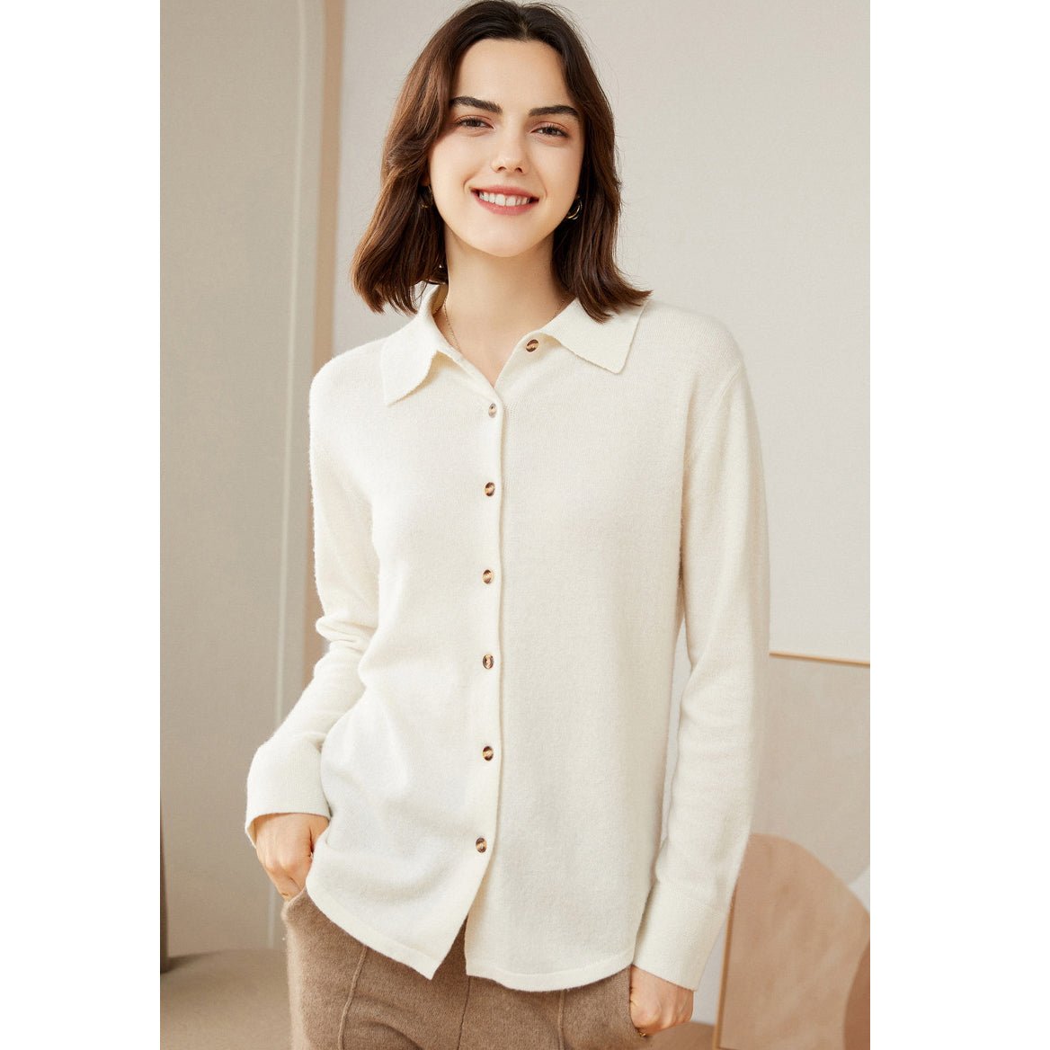 Womens Classic Button - Up Lapel Neck Cashmere Cardigan Ribbed Cuffs
