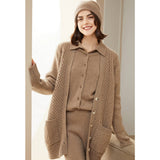 Womens Classic Button - Up Lapel Neck Cashmere Cardigan Ribbed Cuffs
