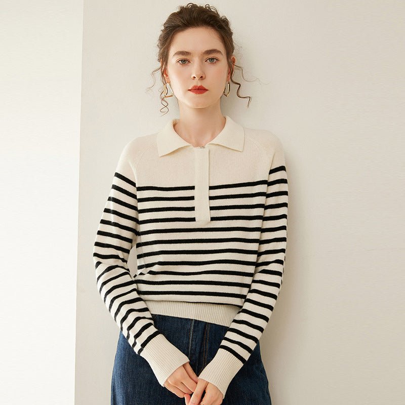 Womens Striped Cashmere Sweater Polo Neck Cashmere Blouse Ivory XS