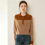 Womens Striped Cashmere Sweater Polo Neck Cashmere Blouse Coffee XS