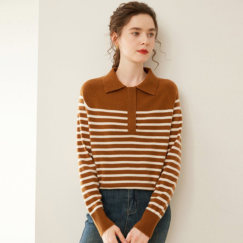 Womens Striped Cashmere Sweater Polo Neck Cashmere Blouse Coffee XS