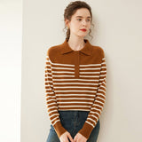 Womens Striped Cashmere Sweater Polo Neck Cashmere Blouse Coffee XS