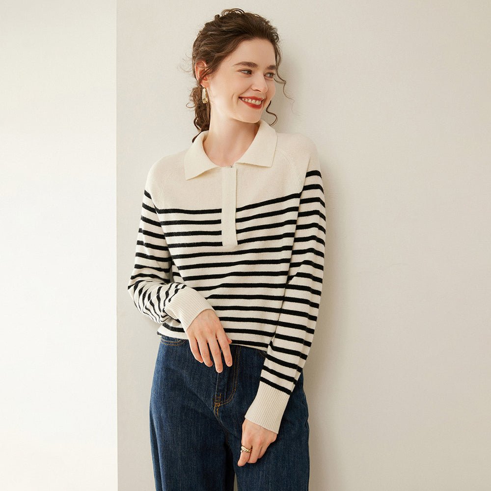 Womens Striped Cashmere Sweater Polo Neck Cashmere Blouse Ivory XS