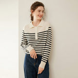 Womens Striped Cashmere Sweater Polo Neck Cashmere Blouse Ivory XS