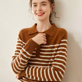 Womens Striped Cashmere Sweater Polo Neck Cashmere Blouse Coffee XS