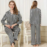 Womens Striped Long Sleeve Silk Pajamas Set