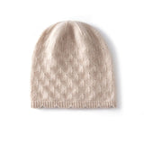 Womens Textured Knit Cashmere Beanie Patterned Pure Cashmere Cap Scalloped Edge