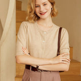 Womens Crew Neck Button - up Front Cashmere Cardigan With Half Sleeve