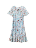 Womens Tie Neck Silk Floral Dress Silk Midi Dress with Flutter Sleeves Blue XS