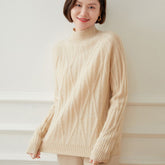 Womens Diamond Knit Turtleneck Long Sleeve Cashmere Sweater