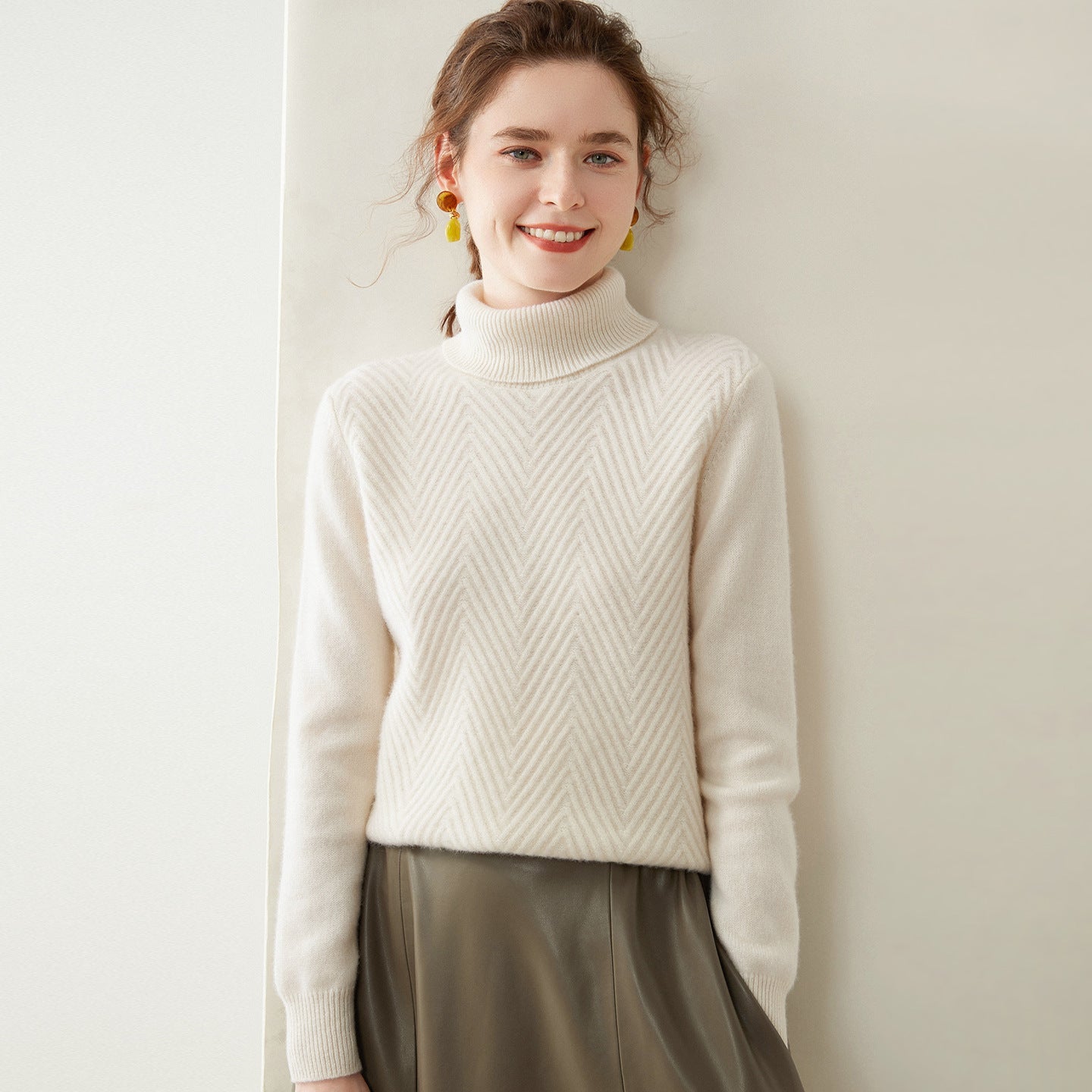 Womens Turtleneck Cashmere Sweater Chevron Knit Cashmere Pullover White XS