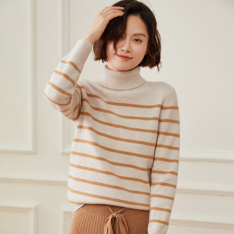 Womens Turtleneck Cashmere Sweater Striped Cashmere Knit Pullover Ivory XS