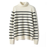Womens Turtleneck Cashmere Sweater Striped Cashmere Knit Pullover Ivory XS