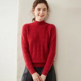 Womens Turtleneck Cashmere Sweater Textured Cashmere Knit Pullover Multi Colors Claret XS