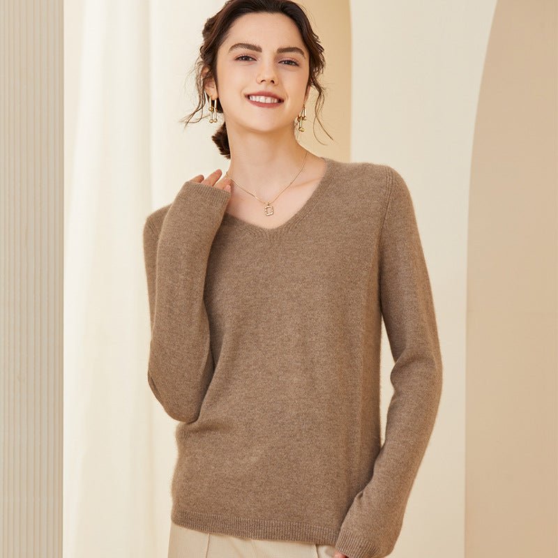 Womens V - Neck Cashmere Sweater Long Sleeve Warm Cashmere Sweater