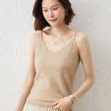 Women's V Neck Cashmere Tank Tops Basic Solid Spaghetti Straps Cashmere Vest