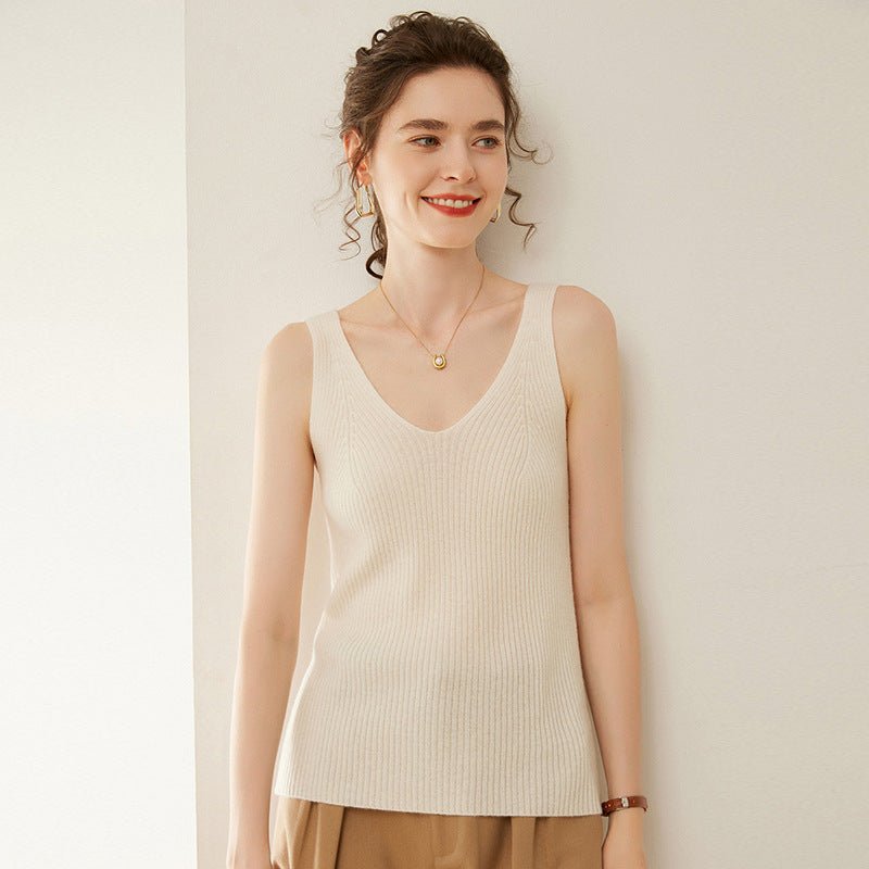 Womens V Neck Cashmere Vest Ribbed Knit Cashmere Tank Top Ivory XS