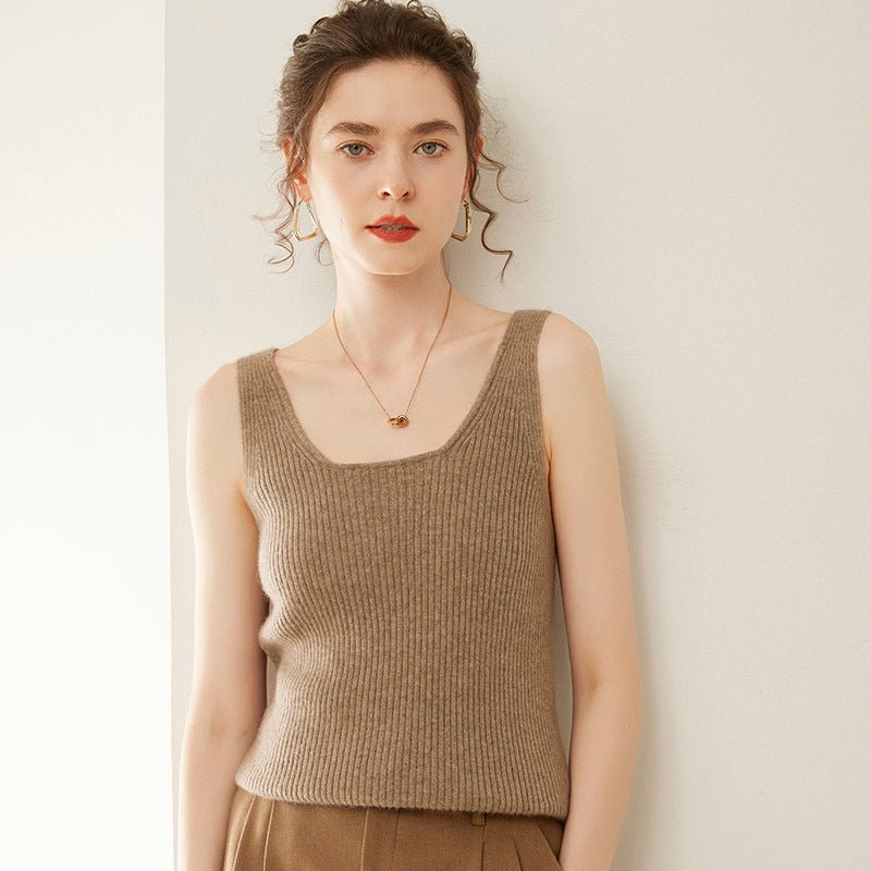 Womens V Neck Cashmere Vest Ribbed Knit Cashmere Tank Top Taupe XS