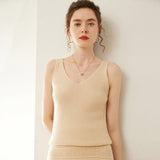 Womens V Neck Cashmere Vest Ribbed Knit Cashmere Tank Top Beige XS