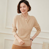 Womens V Neck Crossover Cashmere Pullover Wrap Cashmere Sweater Beige XS