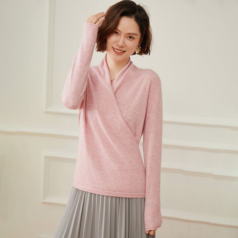 Womens V Neck Crossover Cashmere Pullover Wrap Cashmere Sweater Pink XS