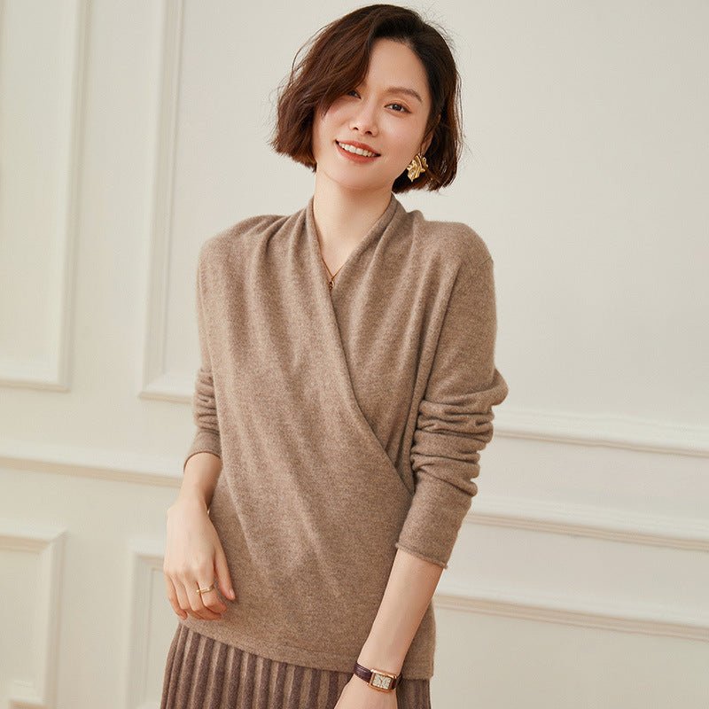 Womens V Neck Crossover Cashmere Pullover Wrap Cashmere Sweater Taupe XS