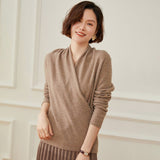 Womens V Neck Crossover Cashmere Pullover Wrap Cashmere Sweater Taupe XS