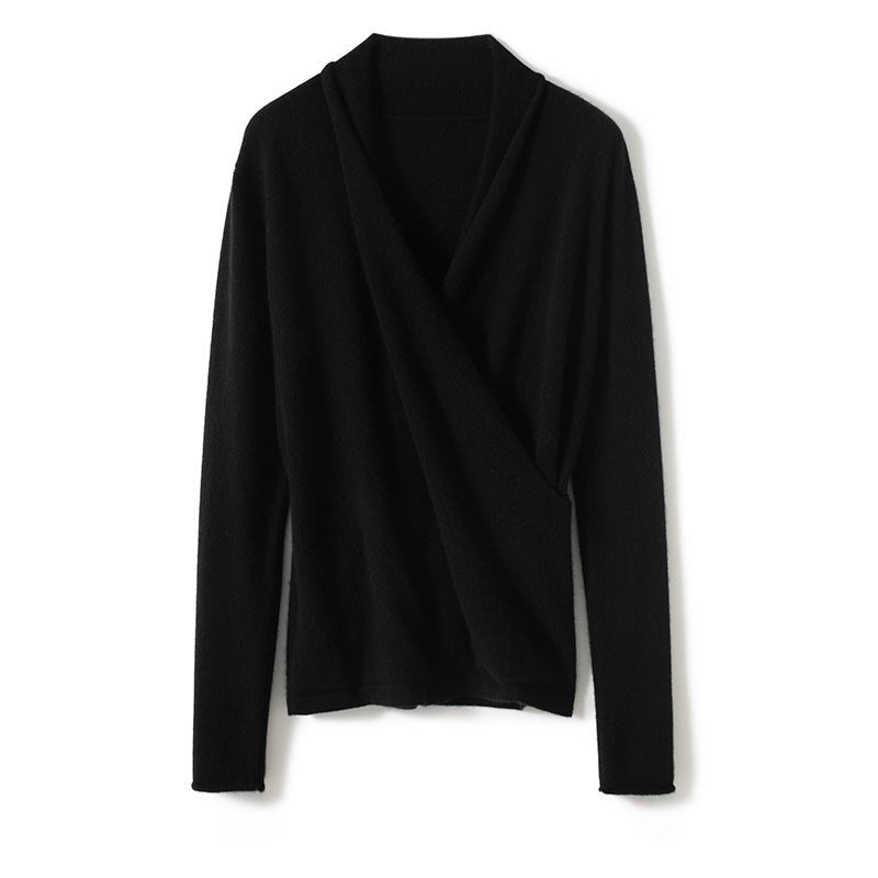 Womens V Neck Crossover Cashmere Pullover Wrap Cashmere Sweater Black XS