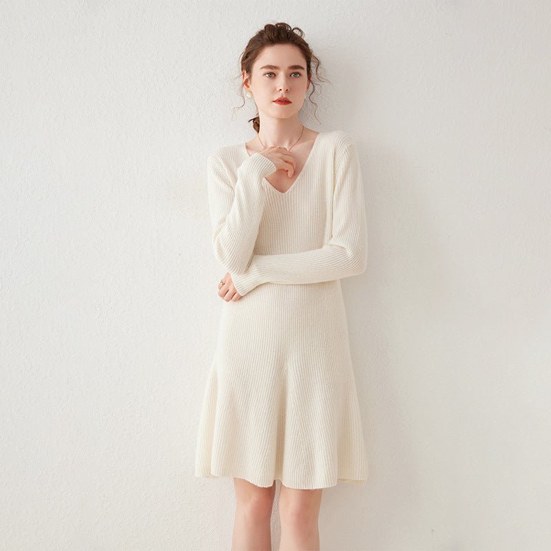 Womens V Neck Ribbed Cashmere Sweater Dress A Line Cashmere Knit Dress