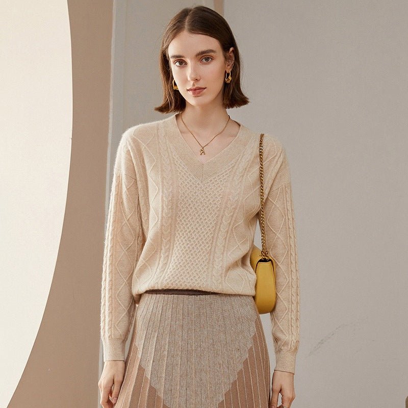 Womens V Necked Cashmere Pullover Cable - Knitted Cashmere Sweater