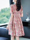 Womens Vintage Inspired Silk Floral Midi Dress Pink Silk Dress