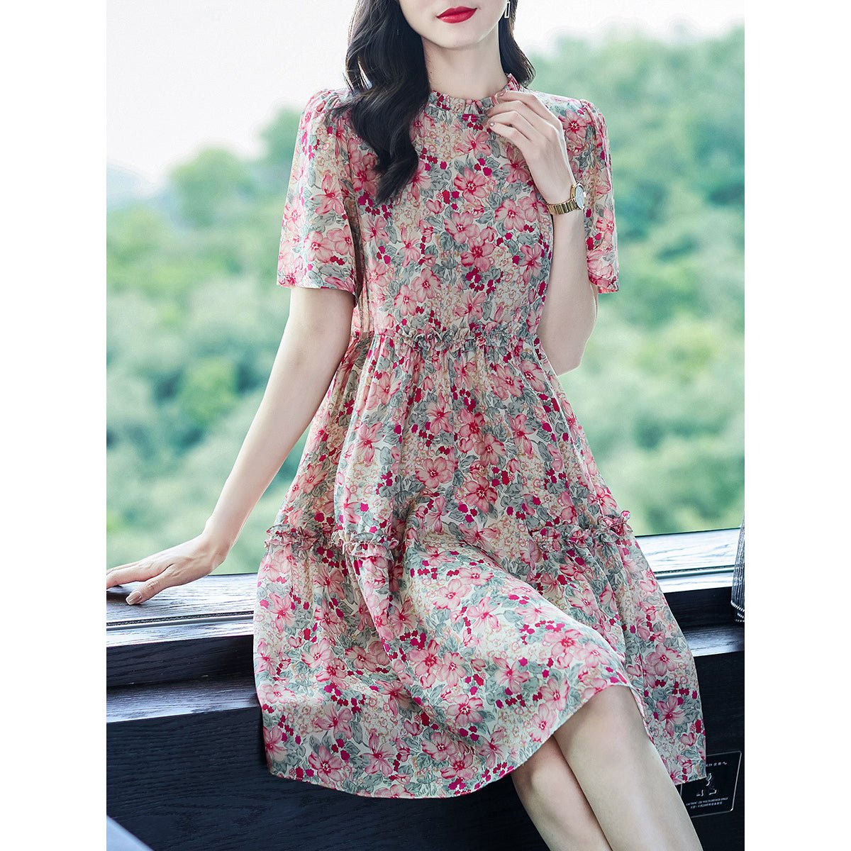 Womens Vintage Inspired Silk Floral Midi Dress Pink Silk Dress